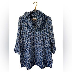 Gretchen Scott Designs Linen Blue Patterned Cowl Neck Tunic